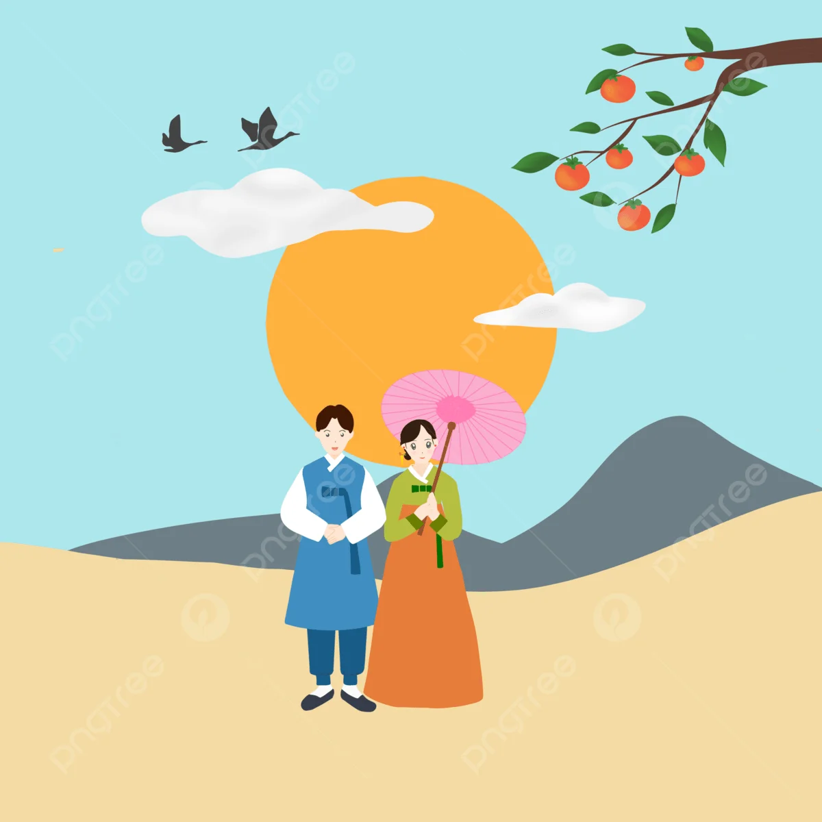 Hình nền chill minh họa cặp đôi mặc trang phục truyền thống cầm ô hồng giữa núi non, mặt trời và cành cây quả đỏ