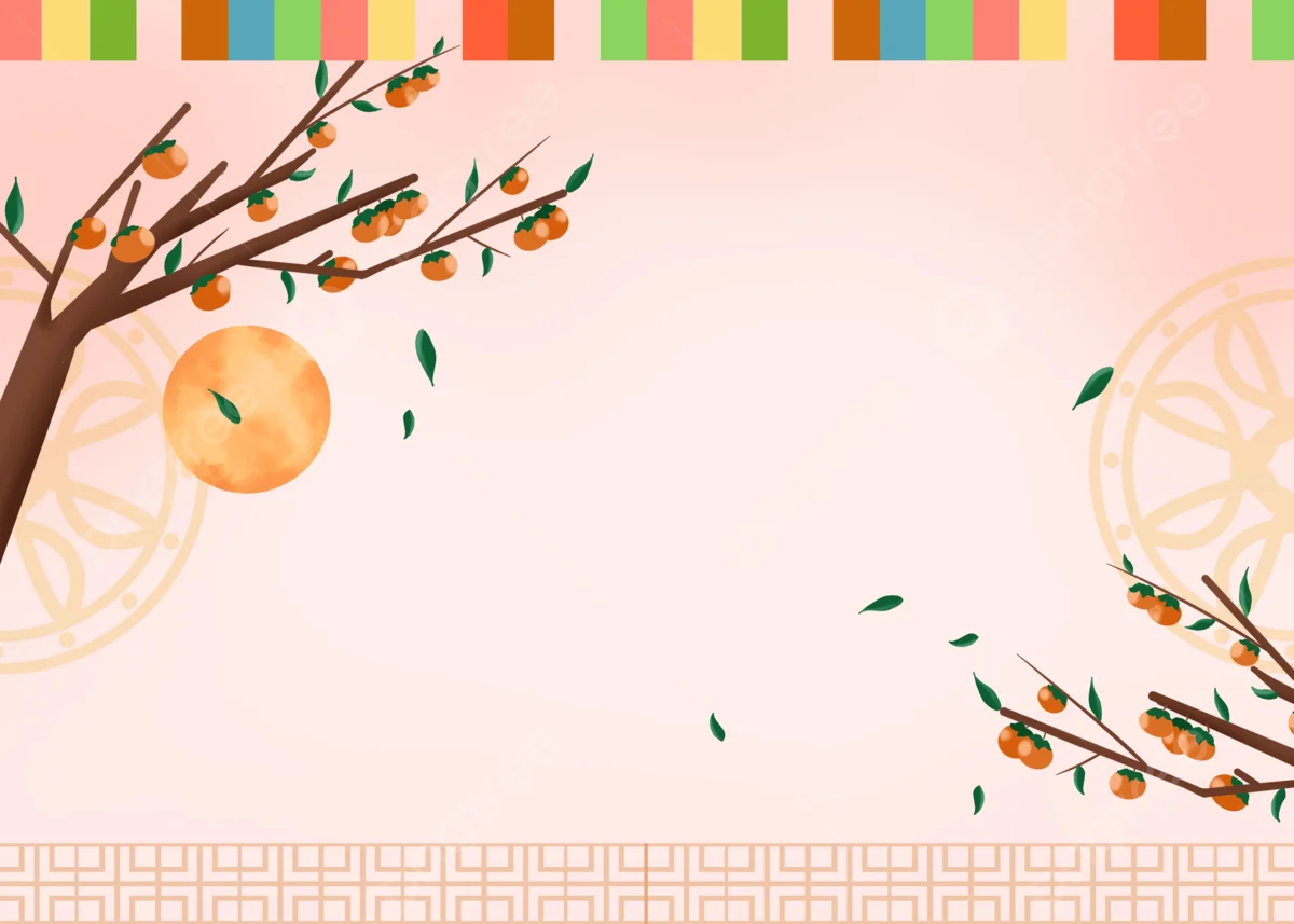 Hình nền chill pastel màu hồng với cành cây trĩu quả cam, mặt trời tròn và họa tiết trang trí Á Đông