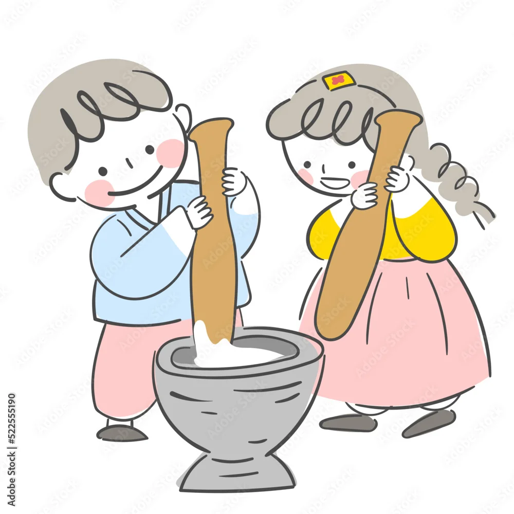 Hình nền chill với hai em bé hoạt hình đang giã bánh mochi trong cối lớn