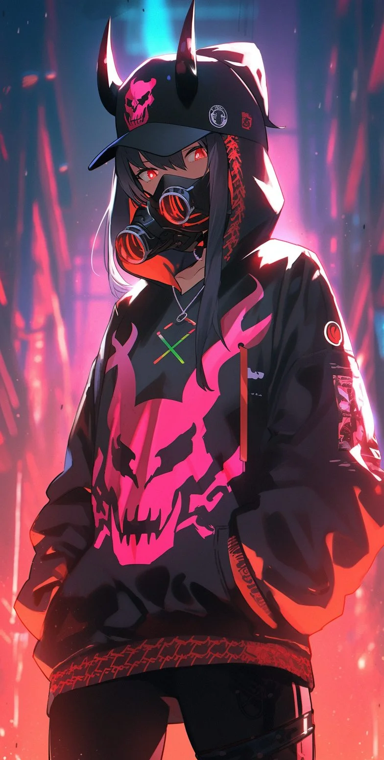 Hình nền điện thoại ngầu nhân vật anime mặt nạ đầu lâu neon hồng