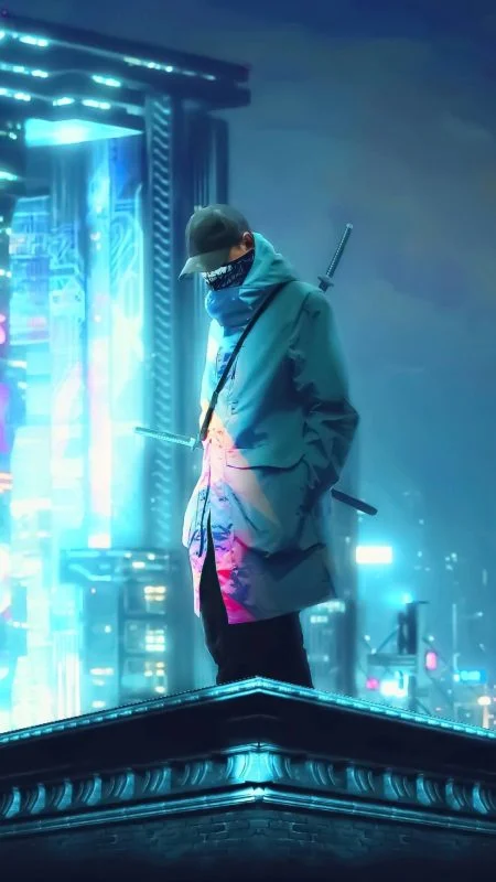 Hình nền điện thoại ngầu ninja cyberpunk kiếm khách trên nóc nhà