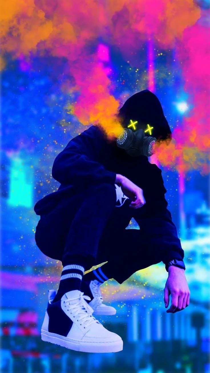 Hình nền điện thoại ngầu - người mặc hoodie và khẩu trang phòng độc mắt X neon ngồi trong nền cyberpunk nhiều màu