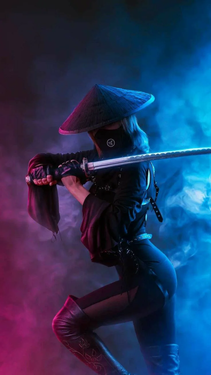 Hình nền điện thoại ngầu võ sĩ ninja kiếm khách neon tím hồng