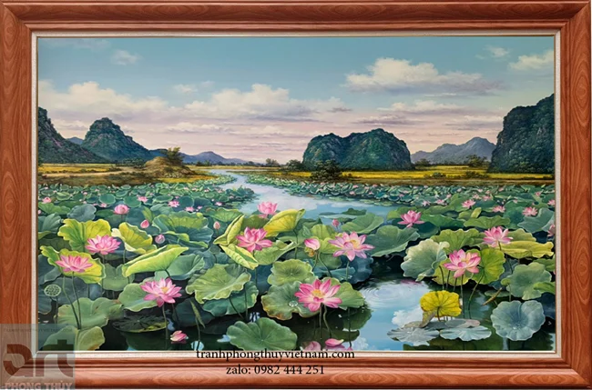 bức vẽ phong cảnh đầm hoa sen - Tranh Phong Thủy