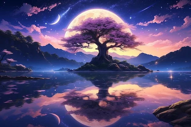 Ảnh avatar đẹp với cây cổ thụ tán tím bên hồ phản chiếu ánh trăng trong khung cảnh fantasy huyền ảo