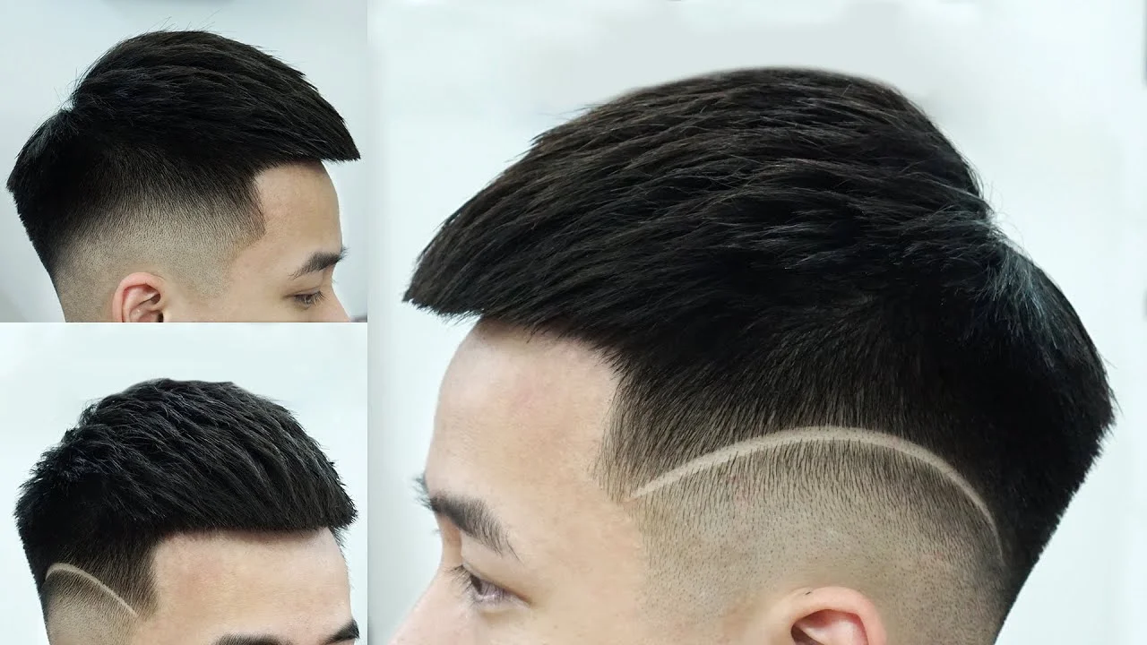 Hai kiểu tóc nam ngắn với phần mái vuốt gọn, fade hai bên và đường cạo tạo điểm nhấn