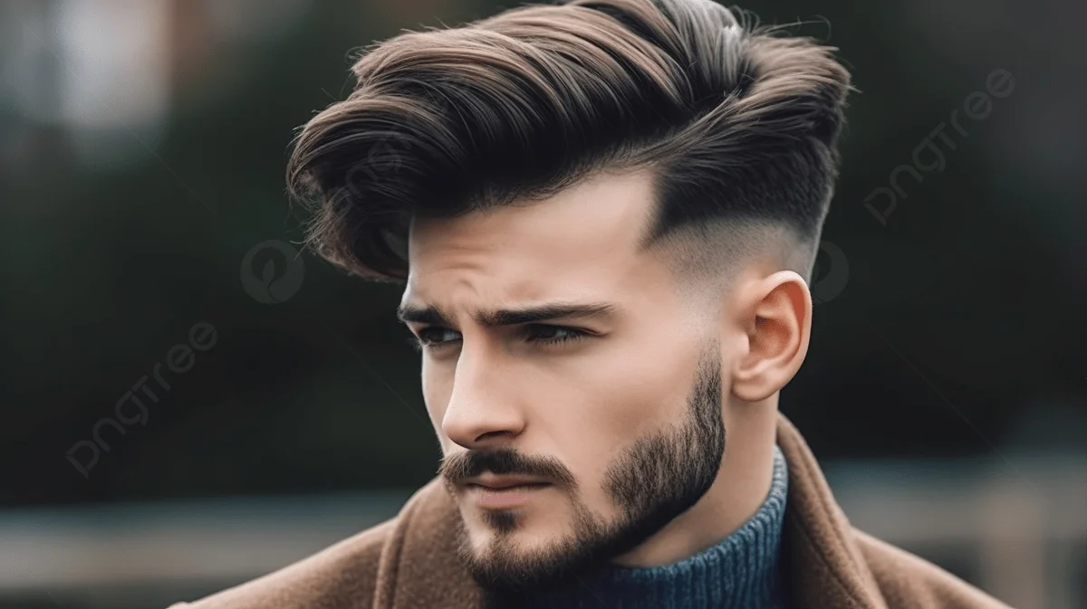 Các kiểu tóc nam đẹp với kiểu tóc pompadour vuốt phồng, cắt fade hai bên và râu được tỉa gọn gàng