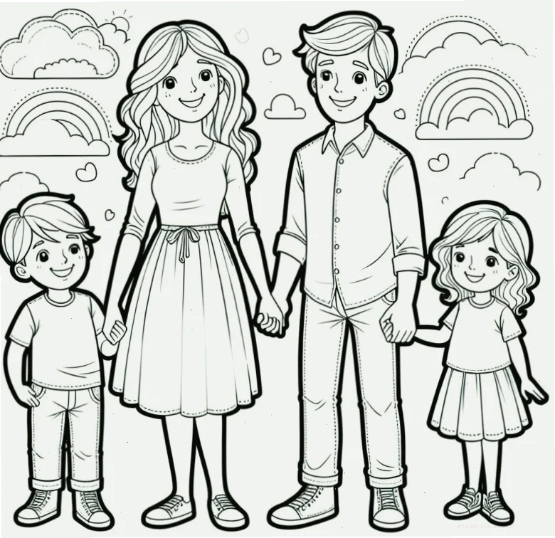 Bé đang say sưa tô màu bức tranh gia đình hạnh phúc