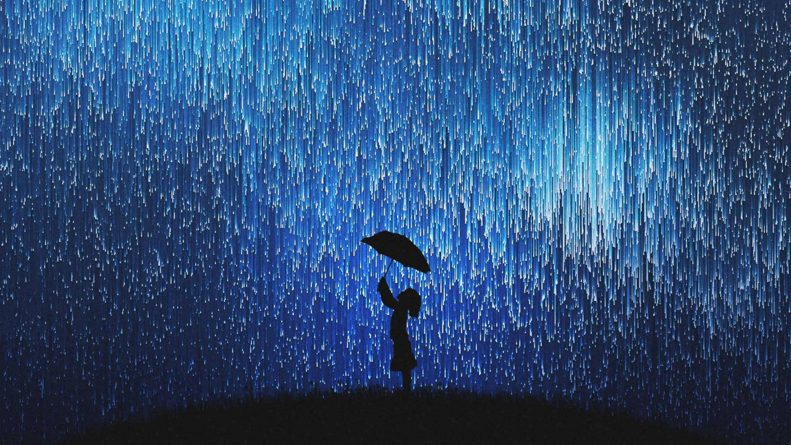 Hình nền máy tính chill bóng đen người cầm ô dưới mưa xanh