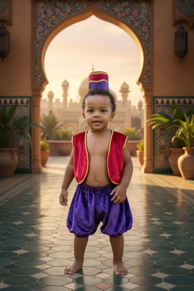 Hình pixel cute nhỏ về em bé mặc trang phục hoàng tử màu đỏ tím đứng trong cung điện Trung Đông lúc hoàng hôn