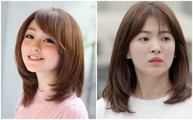 Hai mẫu tóc ngắn layer nữ ngang vai màu nâu, kết hợp mái bay và mái thưa trẻ trung