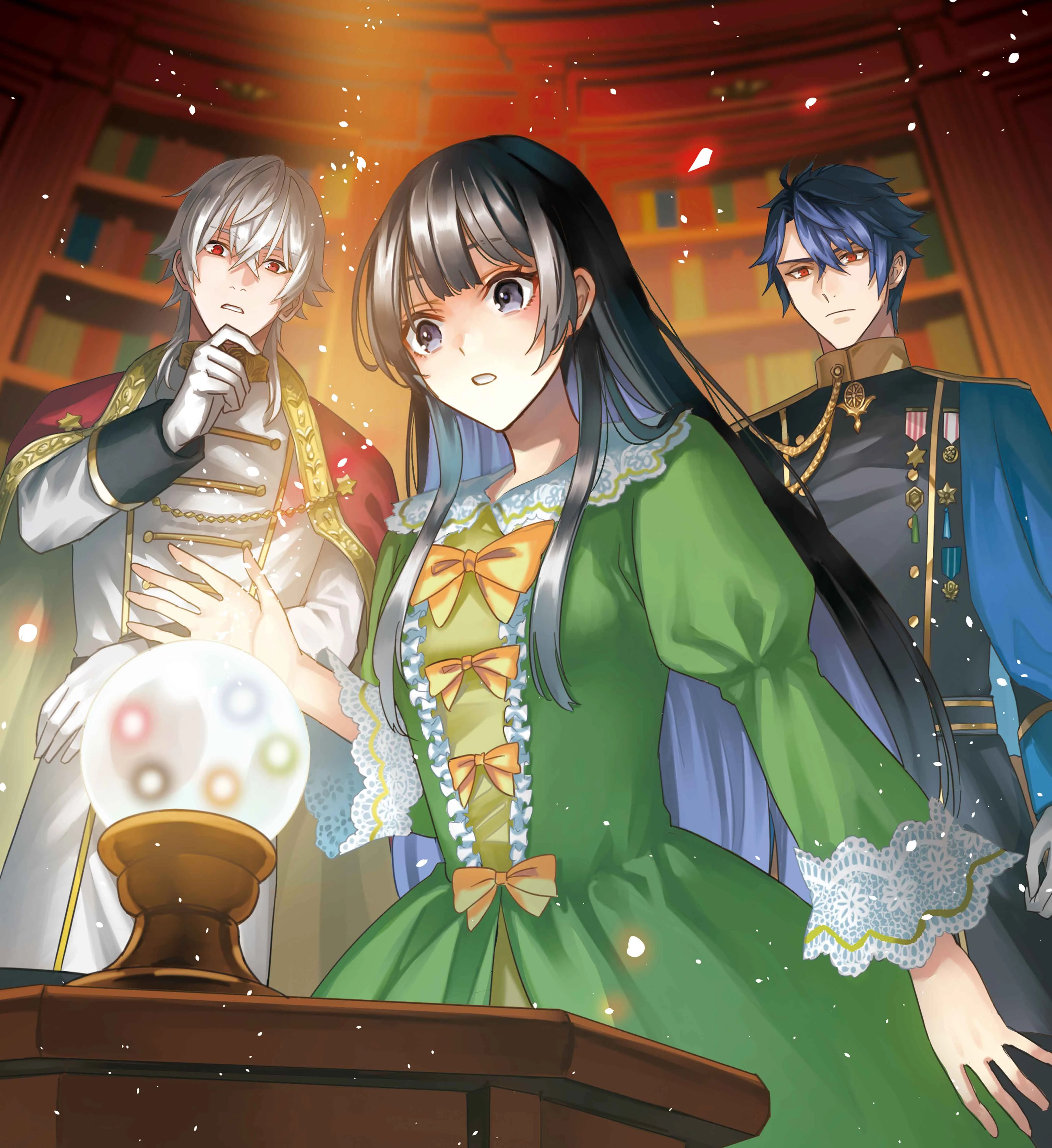 Tranh áp phích anime fantasy với ba nhân vật quý tộc đứng quanh quả cầu pha lê trong căn phòng kỳ ảo