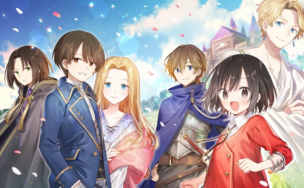 Tranh áp phích anime fantasy với sáu nhân vật trẻ đứng trước lâu đài cổ tích dưới bầu trời xanh