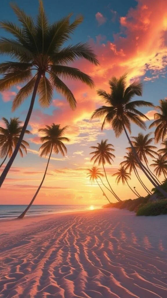 Bãi biển nhiệt đới với hàng dừa và trời hồng