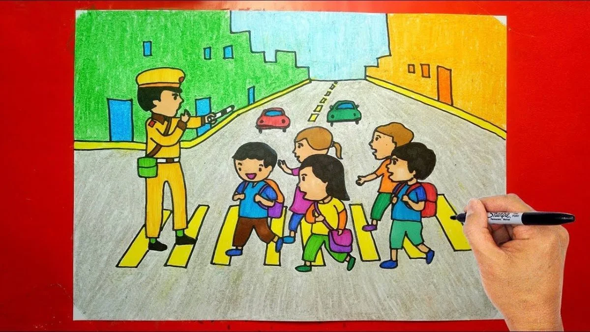 Vẽ tranh chủ đề an toàn giao thông sạch đẹp.