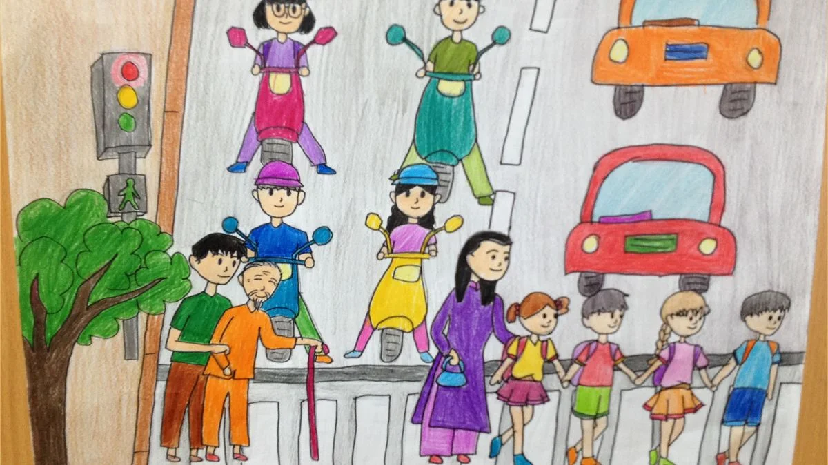 Vẽ tranh chủ đề an toàn giao thông ấm áp.
