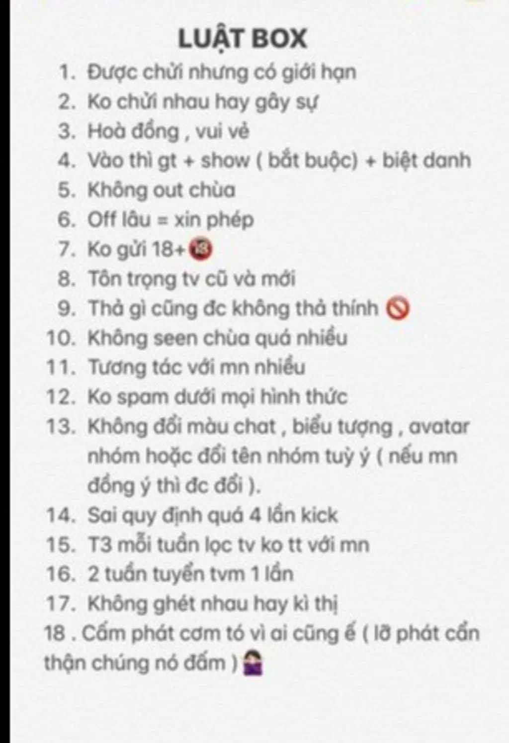 Ảnh luật nhóm trên messenger với danh sách các quy định cụ thể cho thành viên.