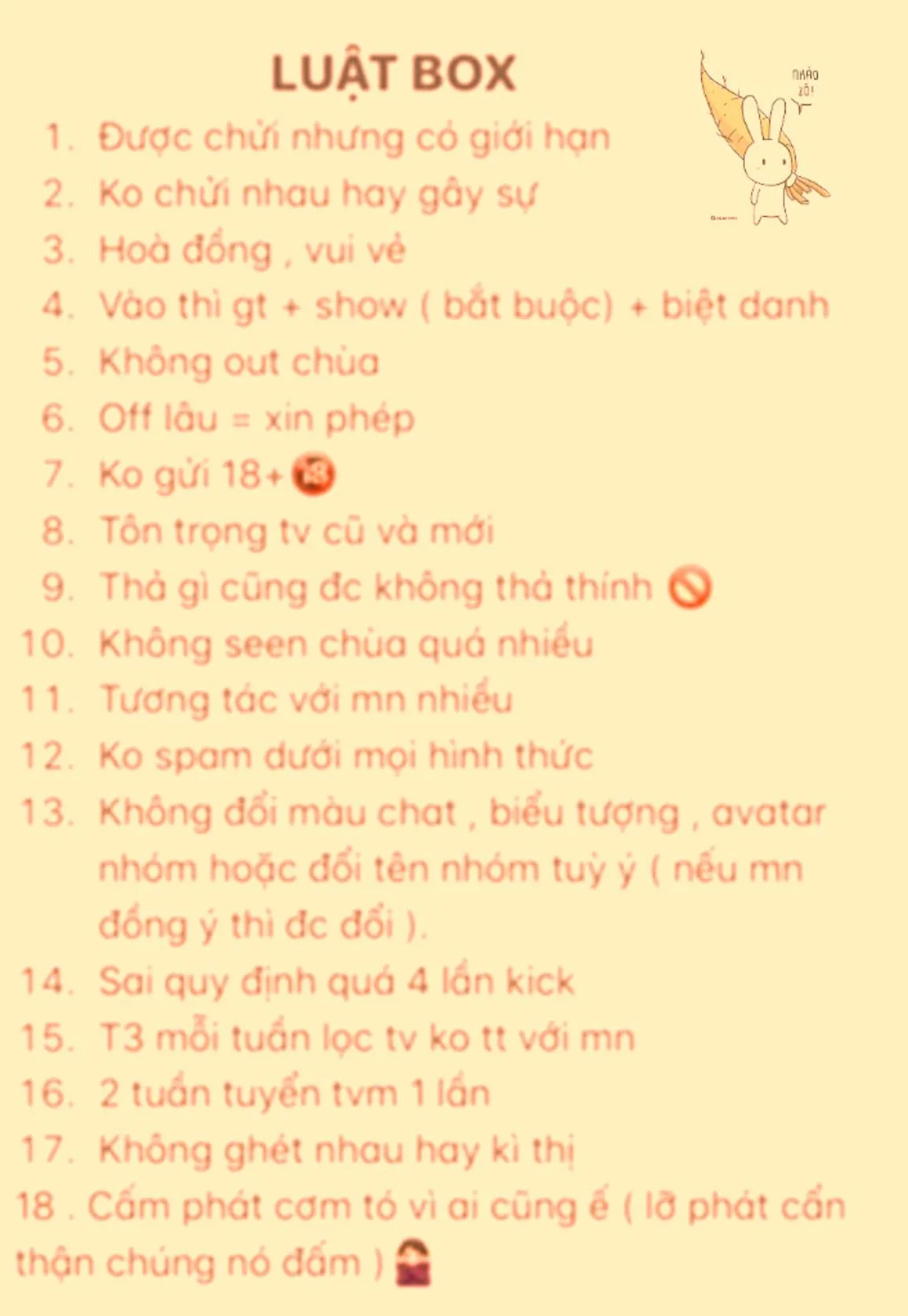 Ảnh luật nhóm trên messenger với danh sách quy định hài hước và dễ thương.