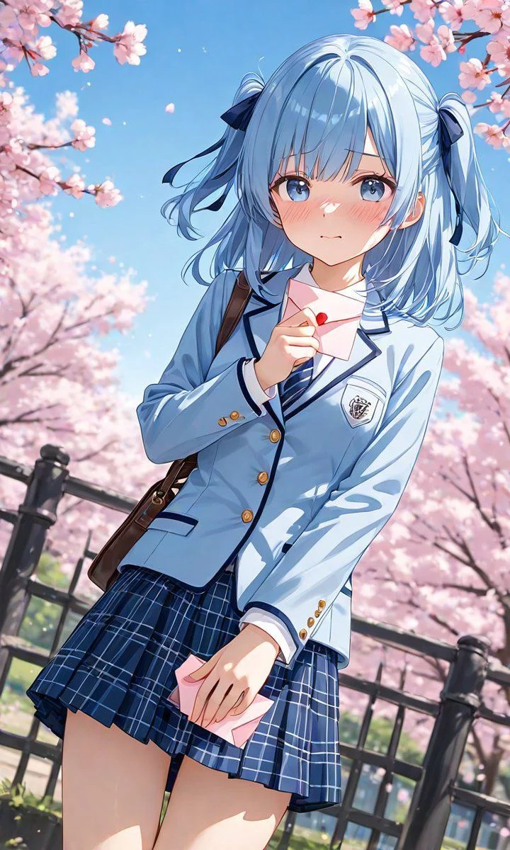 ảnh anime nữ mặc đồng phục học sinh dưới hoa anh đào