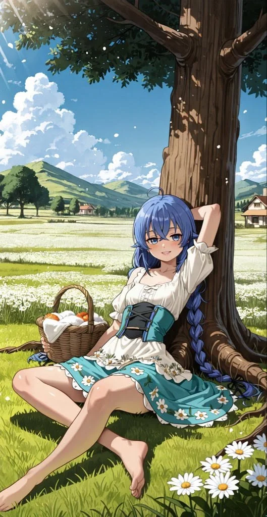Ảnh anime nữ xinh đẹp ngồi thư giãn dưới gốc cây trên cánh đồng hoa