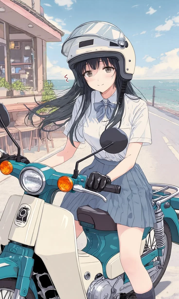 ảnh anime nữ đi xe máy đội mũ bảo hiểm
