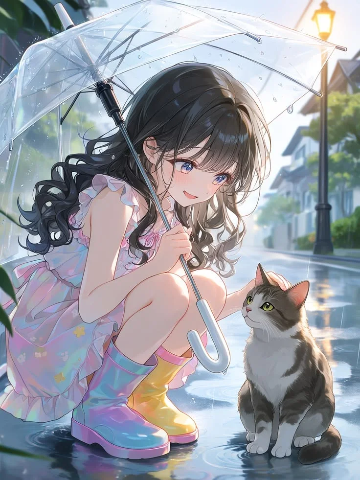 ảnh anime nữ che ô cùng chú mèo dưới mưa
