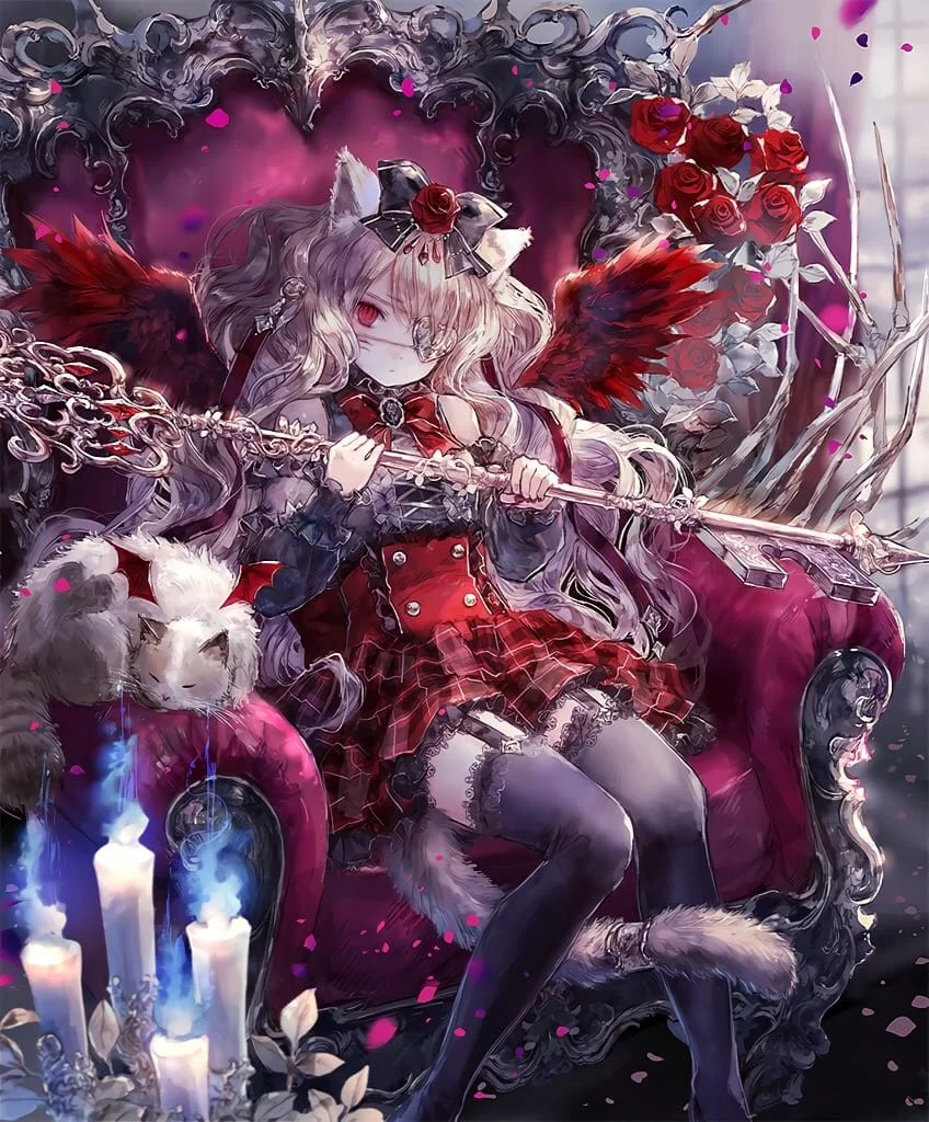 Ảnh anime nữ với vẻ ngoài ma mị, ngồi trên ngai vàng sang trọng