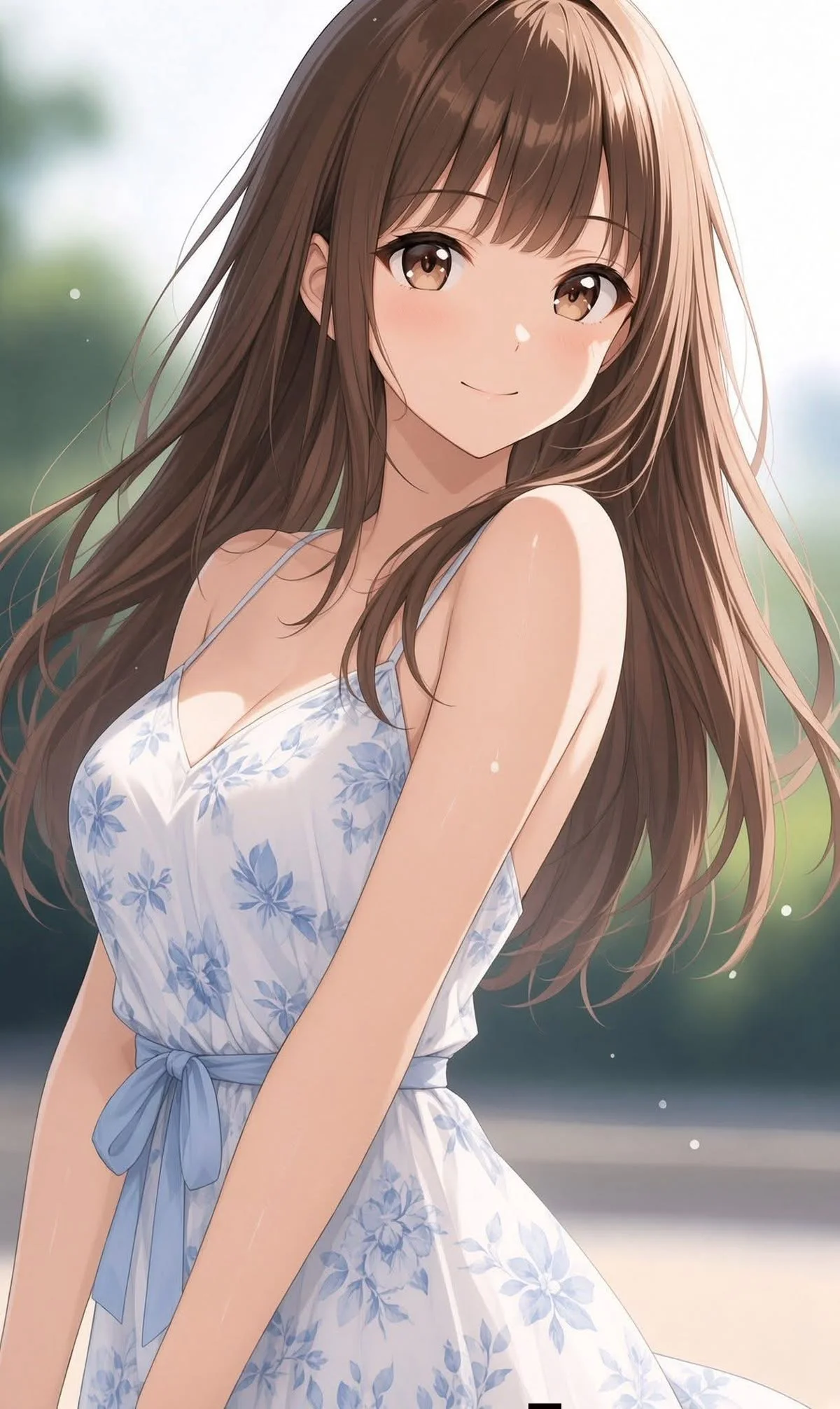 ảnh anime nữ tóc nâu dịu dàng mặc váy hoa