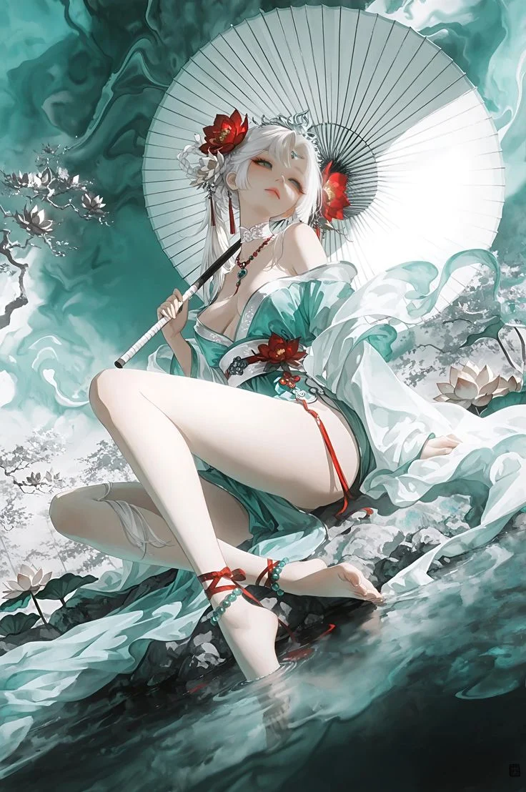 ảnh anime nữ mặc kimono cầm dù