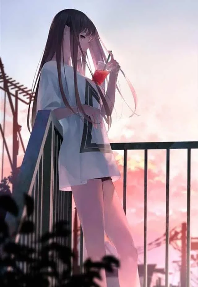 ảnh anime nữ đứng trên sân thượng lúc hoàng hôn