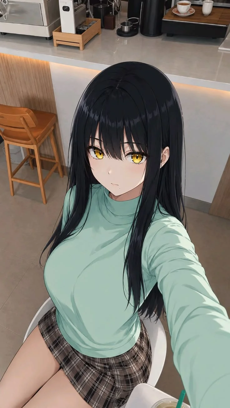 Ảnh anime nữ tóc đen mắt vàng ngồi tại quán cà phê