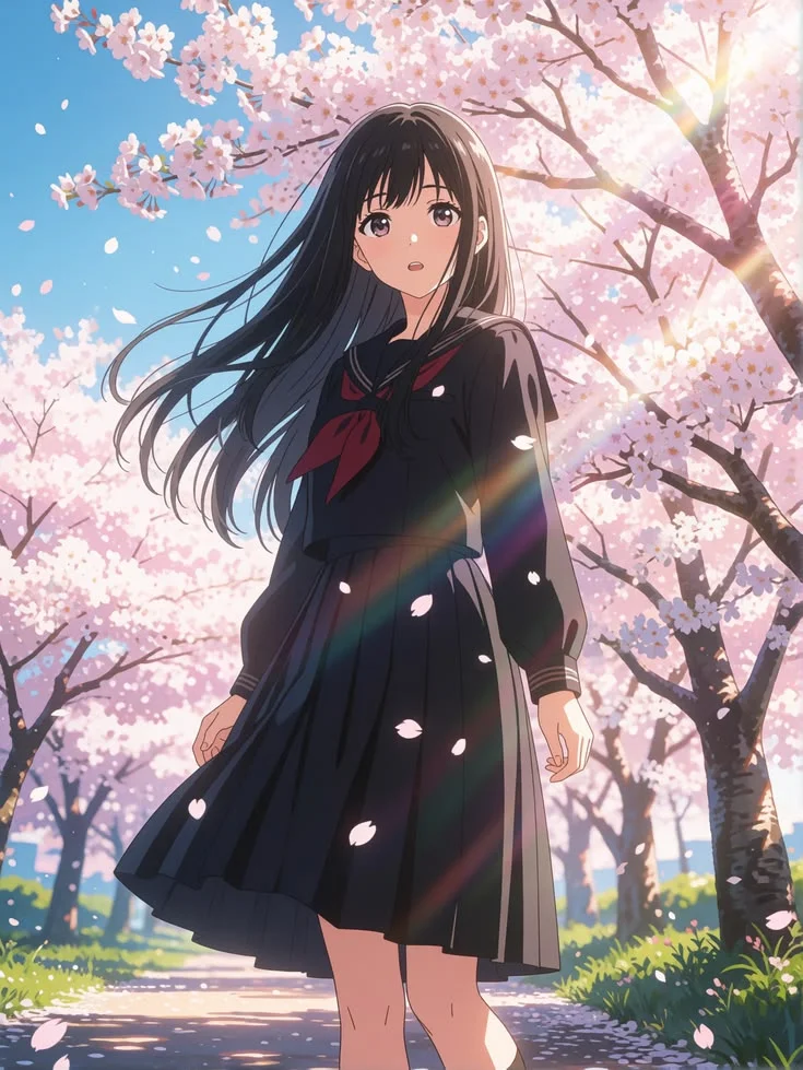 ảnh anime nữ sinh xinh đẹp dưới rừng hoa anh đào nở rộ