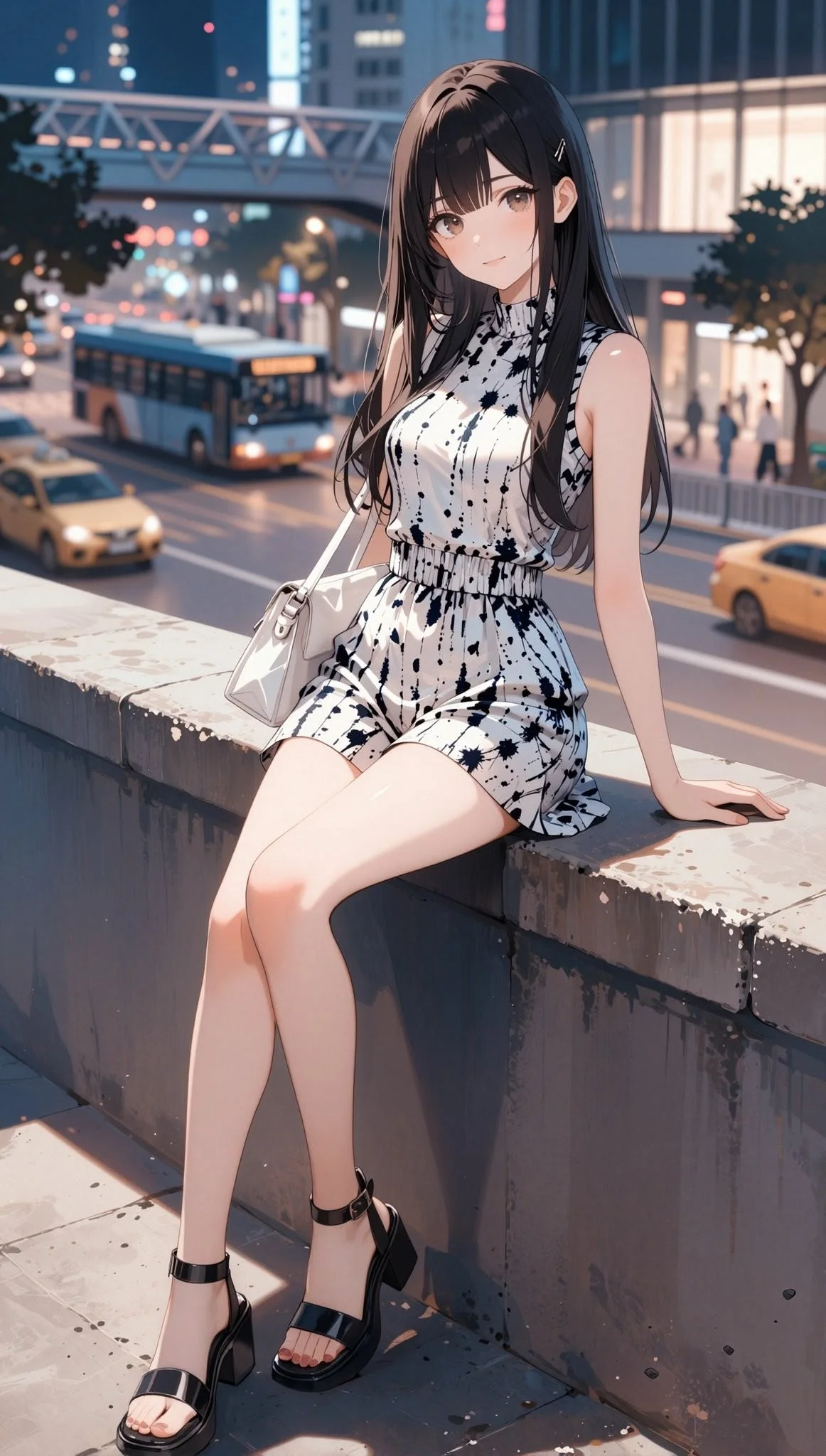 ảnh anime nữ ngồi thư giãn trên phố thị