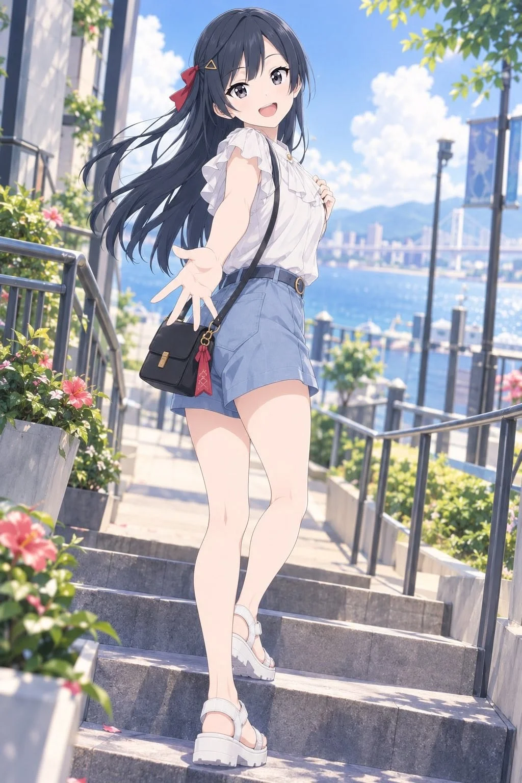 ảnh anime nữ đi dạo trên bậc thang gần biển