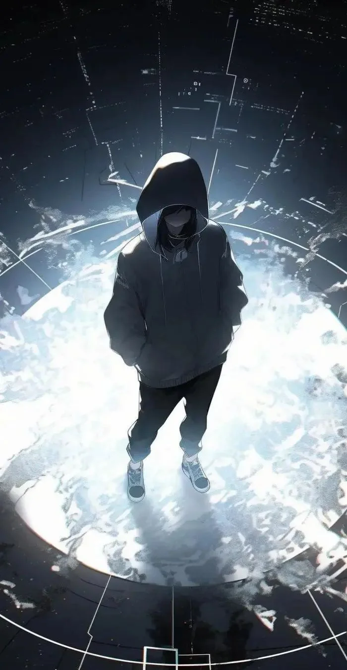 Hình nền điện thoại nhân vật mặc áo hoodie trong không gian công nghệ