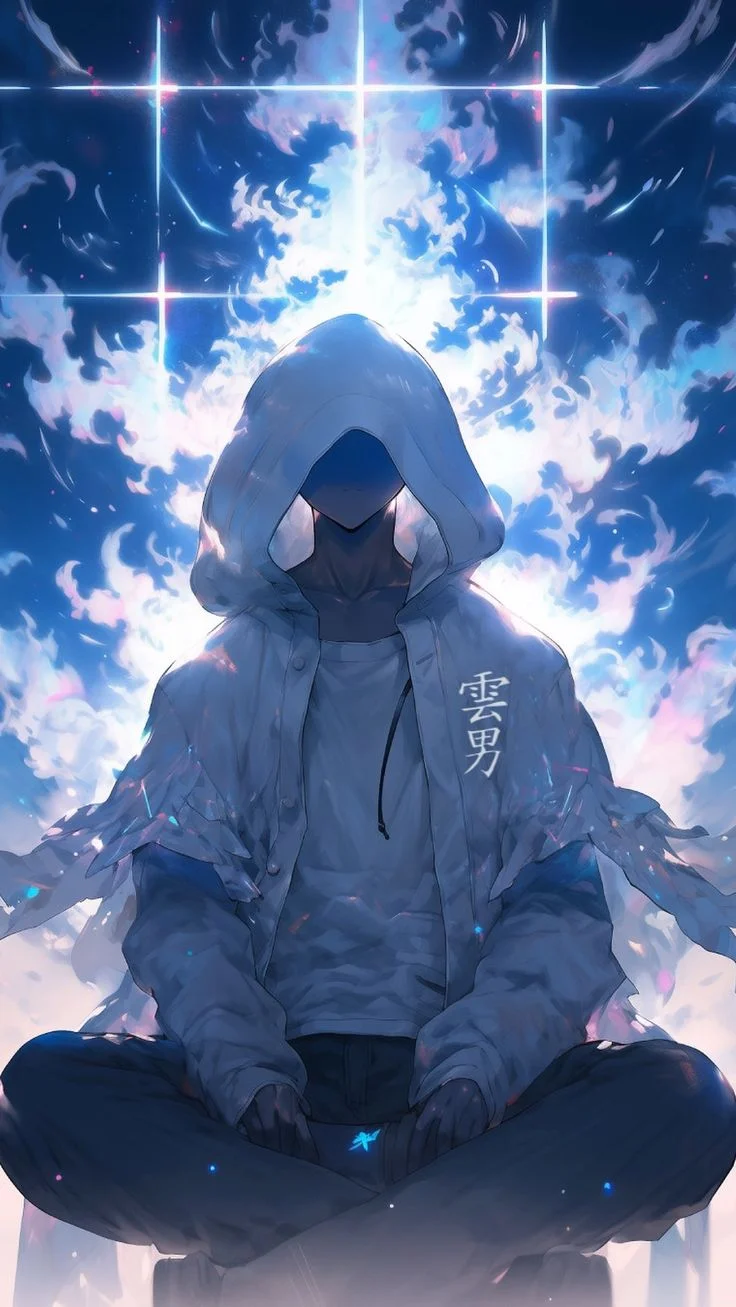 Hình nền điện thoại anime nam đầy bí ẩn với tông màu xanh dương rực rỡ