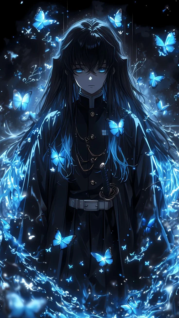 Hình nền điện thoại anime nhân vật nam với bướm xanh phát sáng nghệ thuật