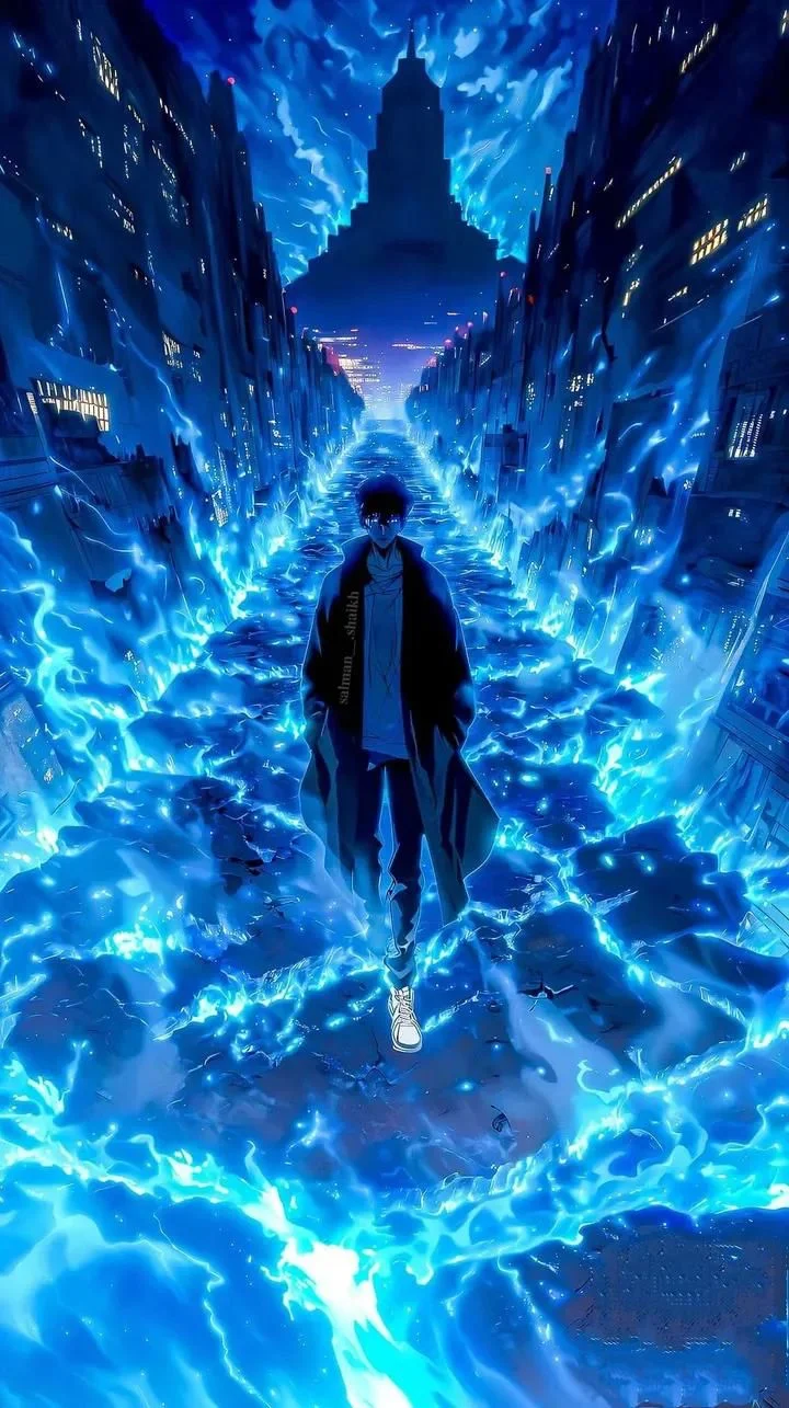 Hình nền điện thoại nhân vật anime bước đi giữa dòng năng lượng xanh