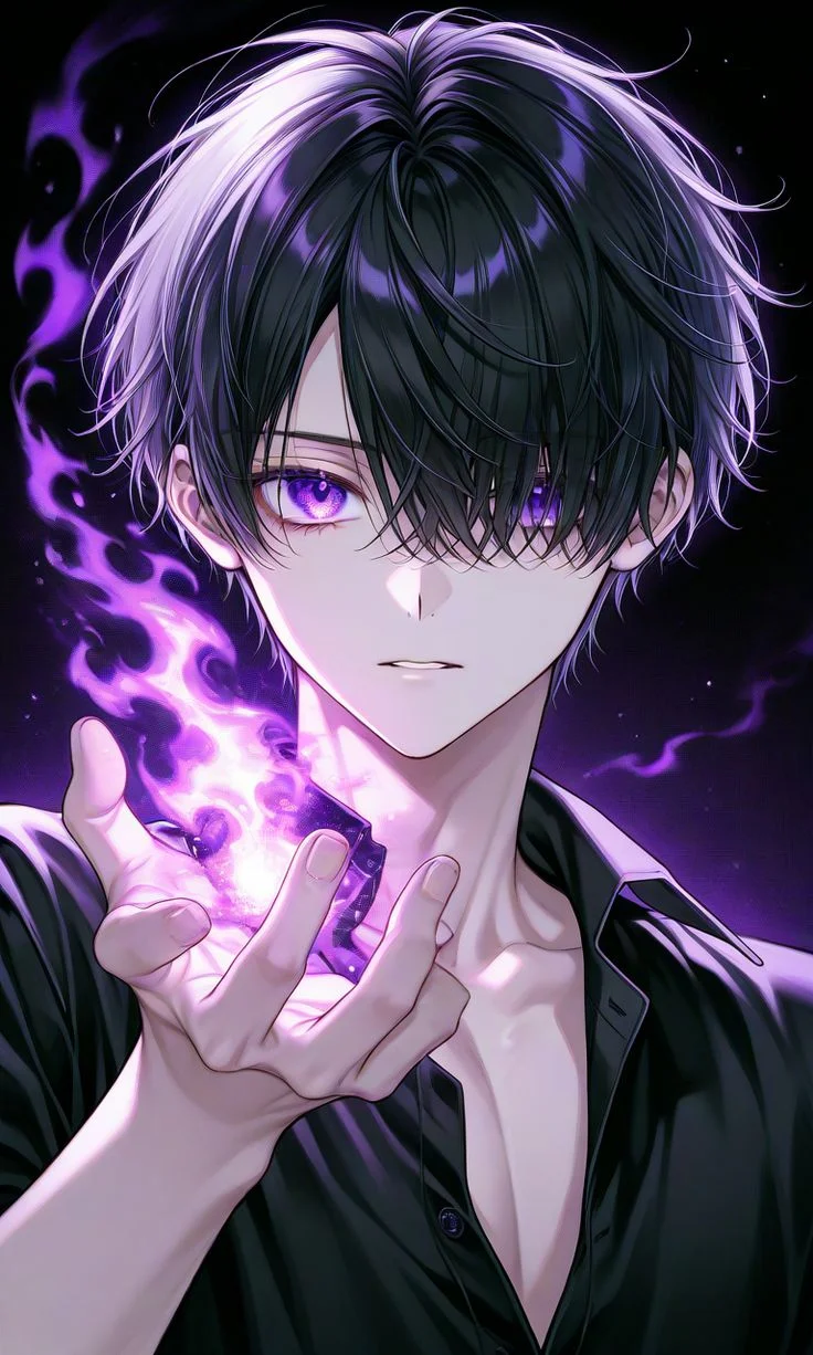 hình nền điện thoại anime nam với ngọn lửa tím ma thuật đầy bí ẩn