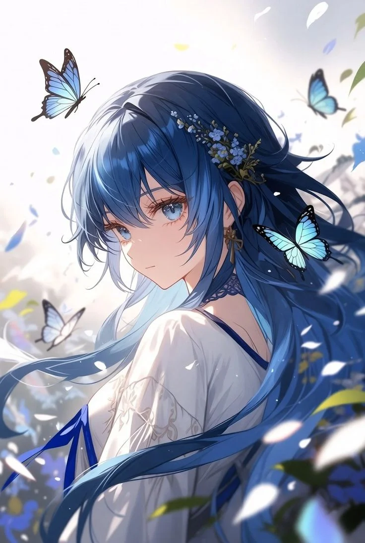 Hình nền điện thoại anime cô gái tóc xanh và bướm đẹp mắt