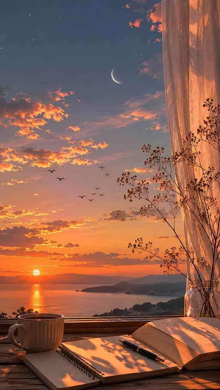 Hình nền chill với cảnh hoàng hôn lãng mạn bên cửa sổ và tách cà phê