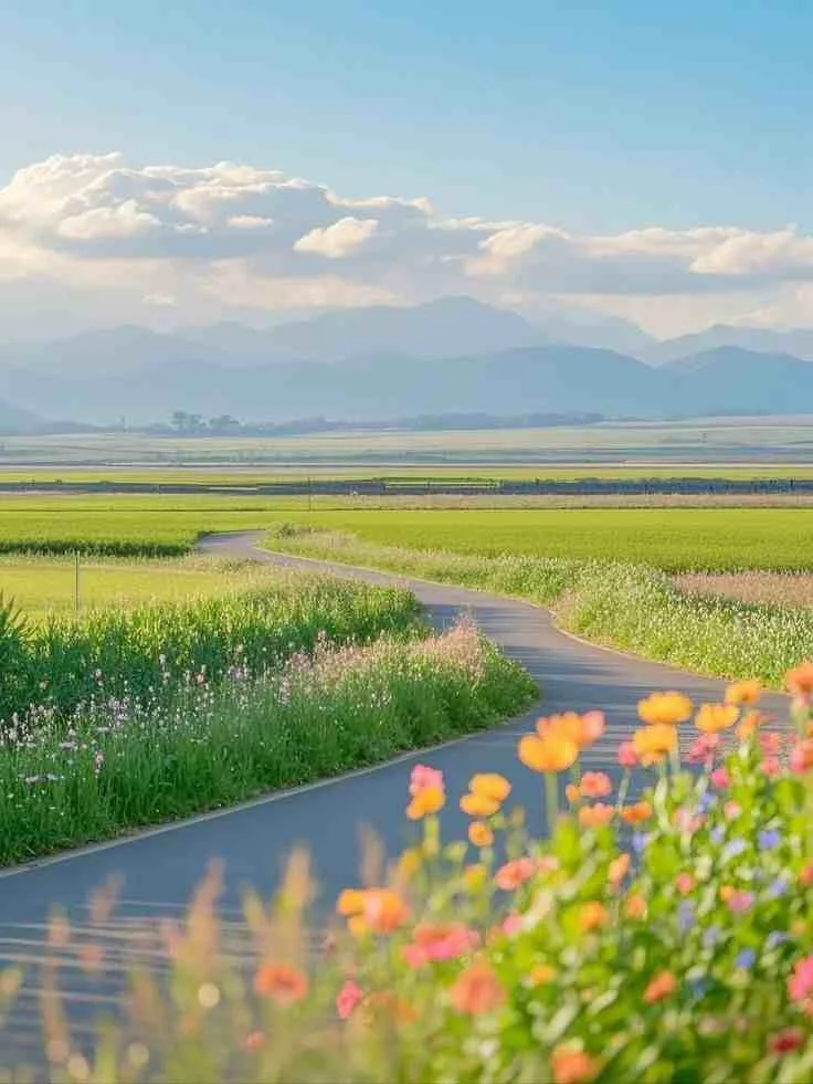 Con đường quê yên bình giữa cánh đồng xanh mướt và núi đồi xa xa