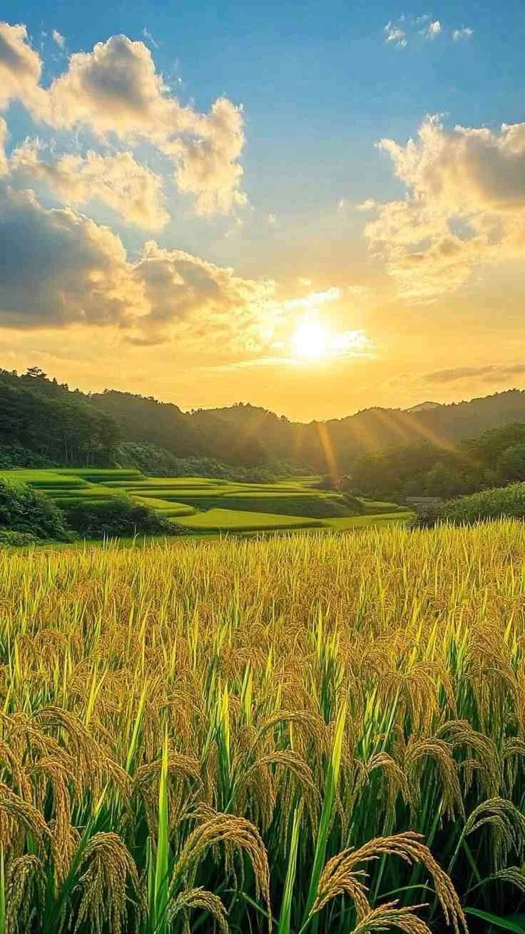 Hình nền chill cánh đồng lúa chín dưới ánh hoàng hôn tuyệt đẹp
