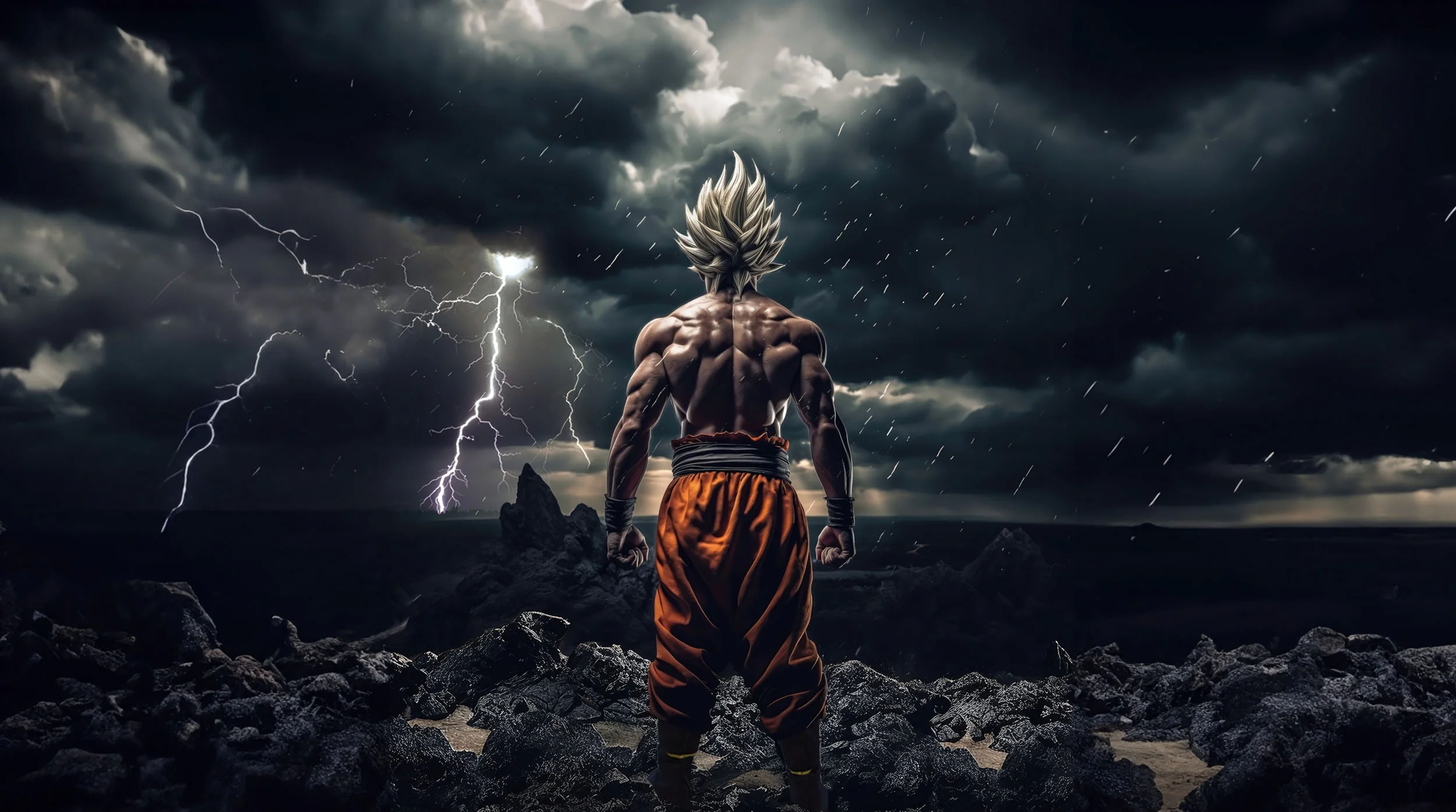 Hình nền laptop 4k nhân vật Songoku trong Dragon Ball dưới mưa bão