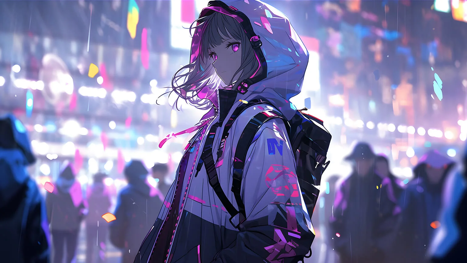 Cô gái anime trong thành phố cyberpunk hình nền laptop 4k