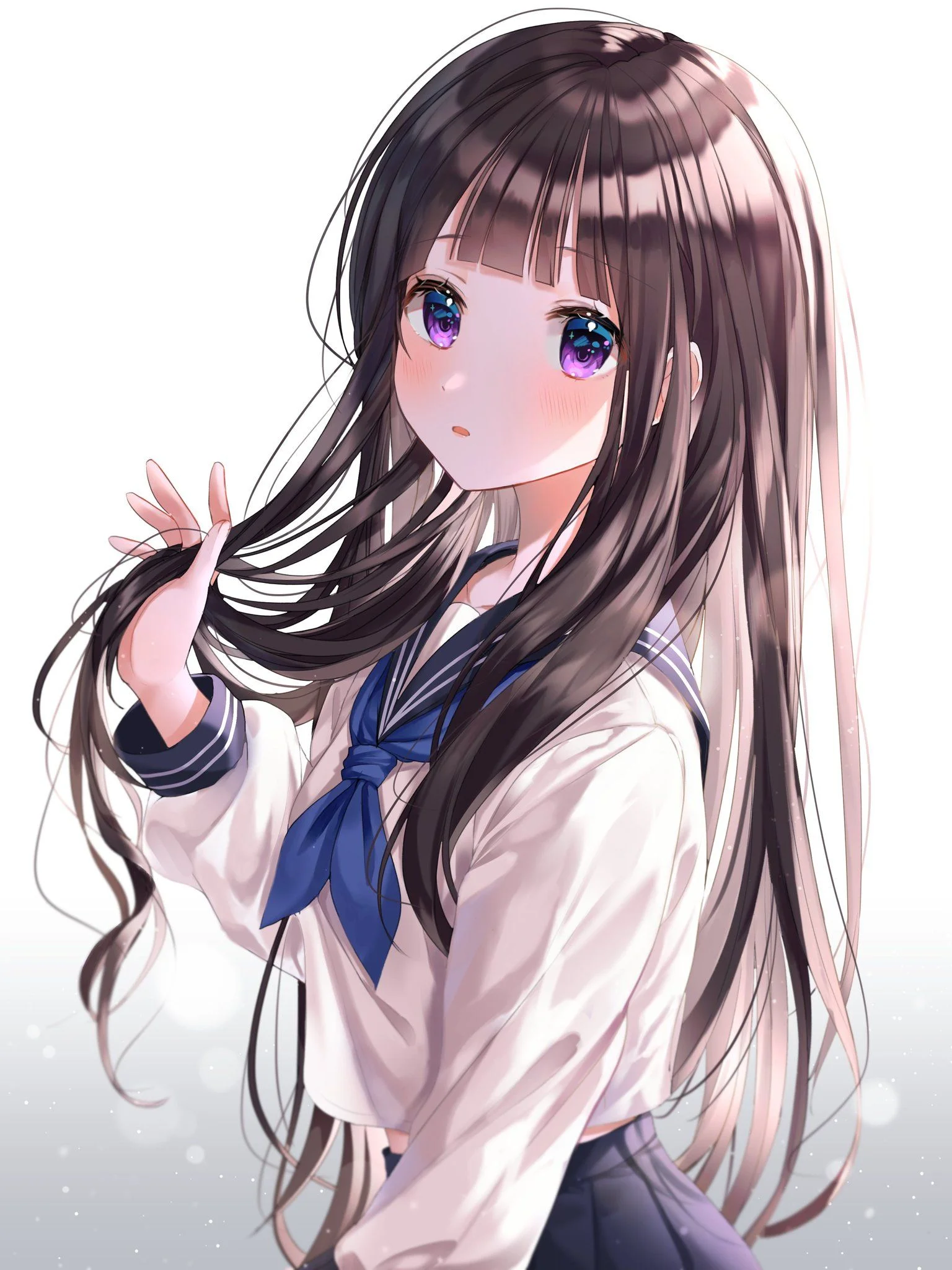 Hình ảnh avatar anime nữ với đôi mắt tím lung linh và trang phục học sinh.