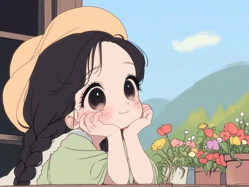 avatar anime nữ dễ thương với mũ và hoa