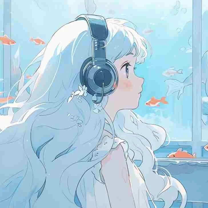 avatar anime nữ đeo tai nghe phong cách mộng mơ bên bể cá