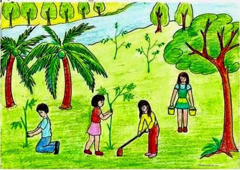 Tranh vẽ bảo vệ môi trường bằng hoạt động tròng và chăm sóc cây xanh