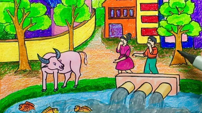 Tranh vẽ bảo vệ môi trường, nguồn nước bị ô nhiễm